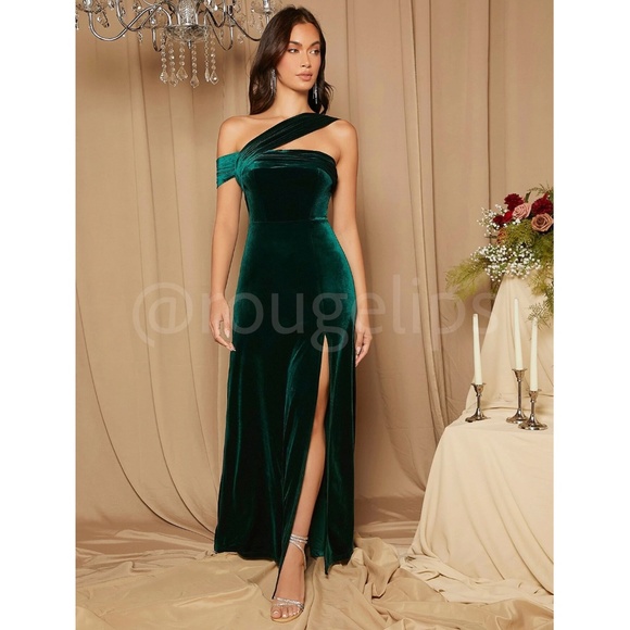 Dark Green Velvet Asymmetric Shoulder Maxi Dress High Leg Slit - Picture 2 of 8